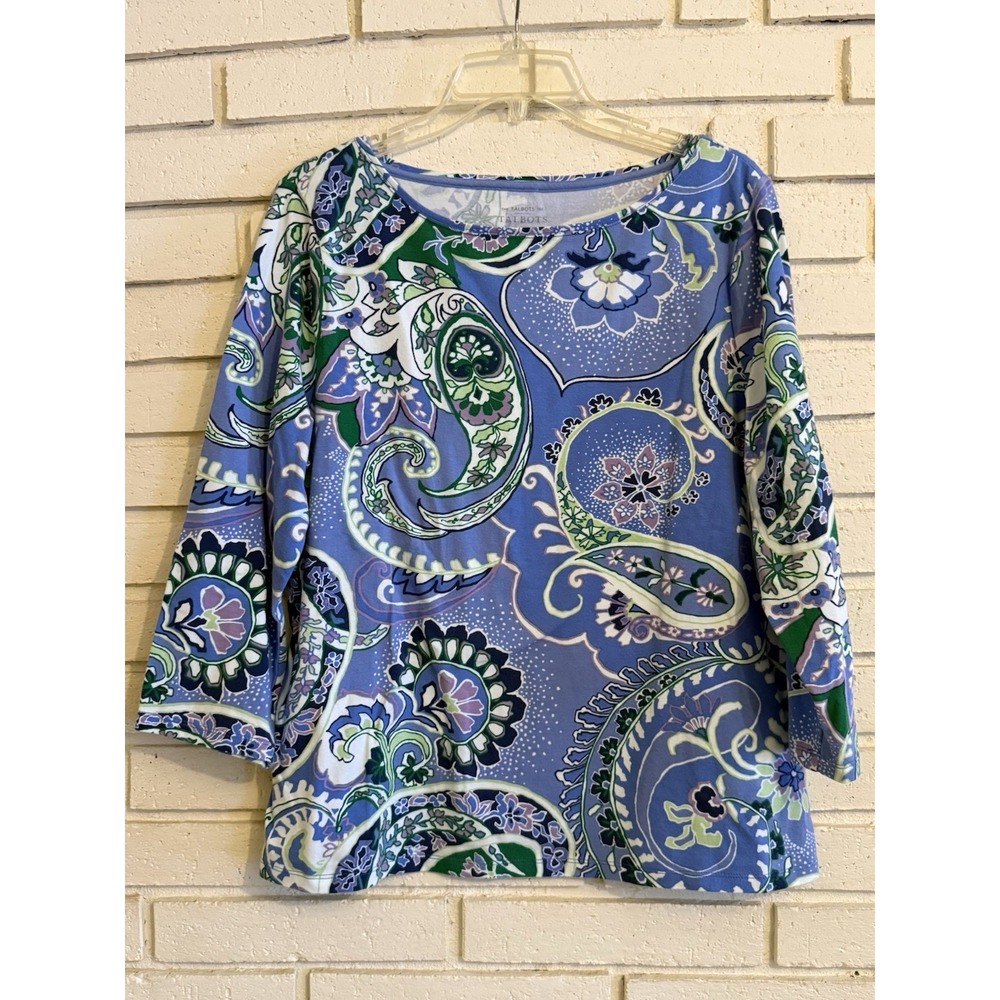 The Talbots Tee Womens Sz XL Paisley Floral Print 3/4 Sleeve Top Bateau Neck